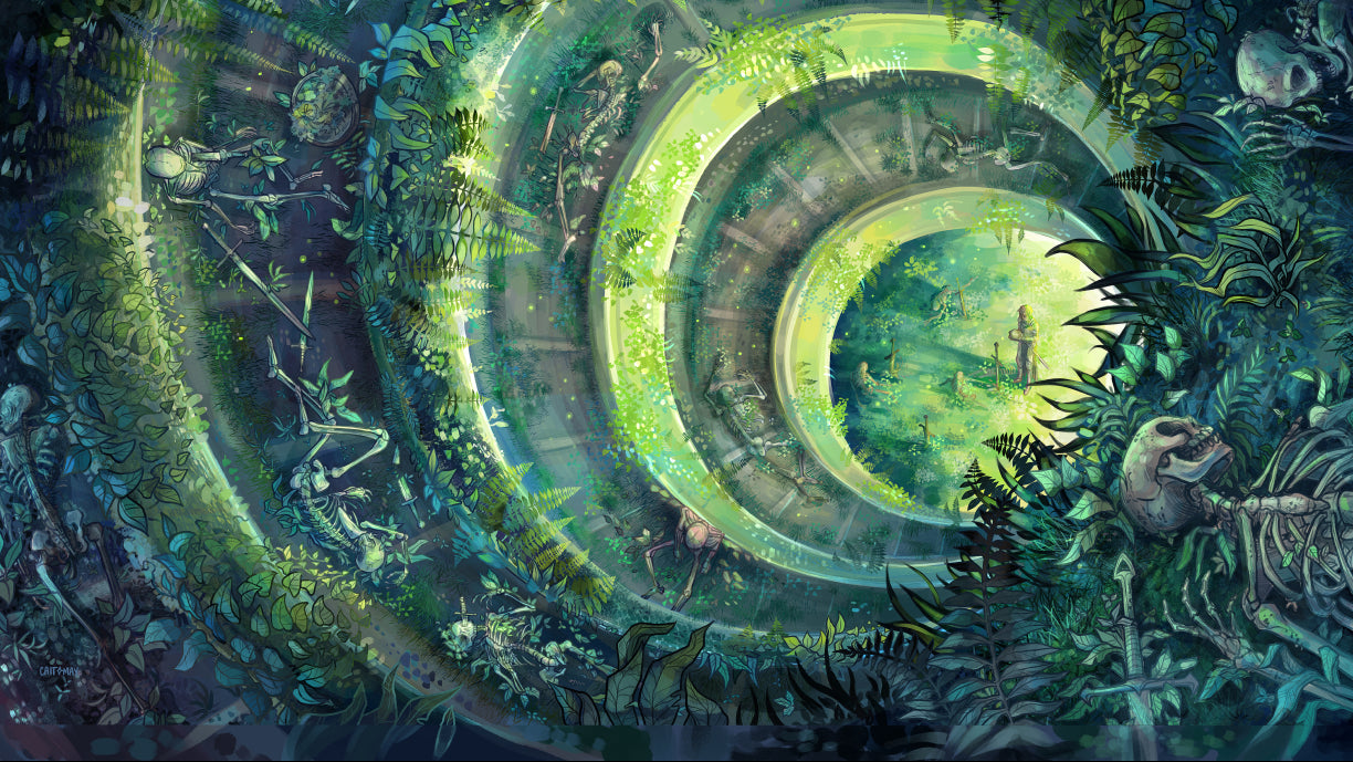 A spiraling staircase overgrown and full of skeletons